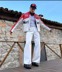 White/red Leather Race Jacket